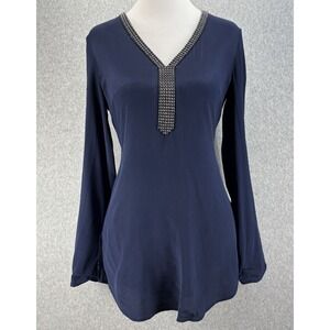 WHBM Silk Navy Embellished V-Neck Tunic Blouse Boho Chic Size 0 Minimalist, Boho